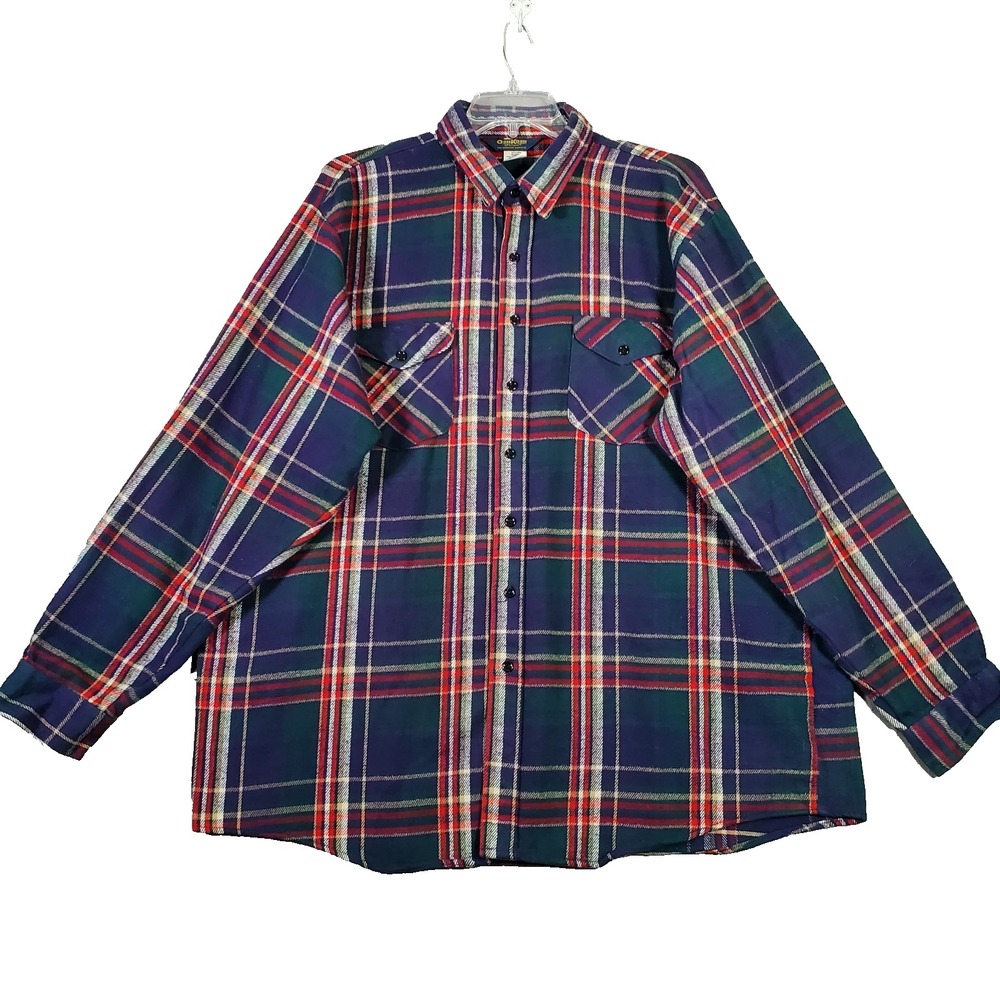Vintage OshKosh B'Gosh Shirt Mens 2XLT Blue Plaid Flannel Button Up Western Gorp